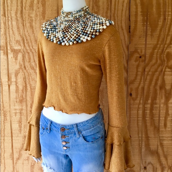 High Neck Trumpet Flare Bell Sleeve Blouse - Picture 2 of 5